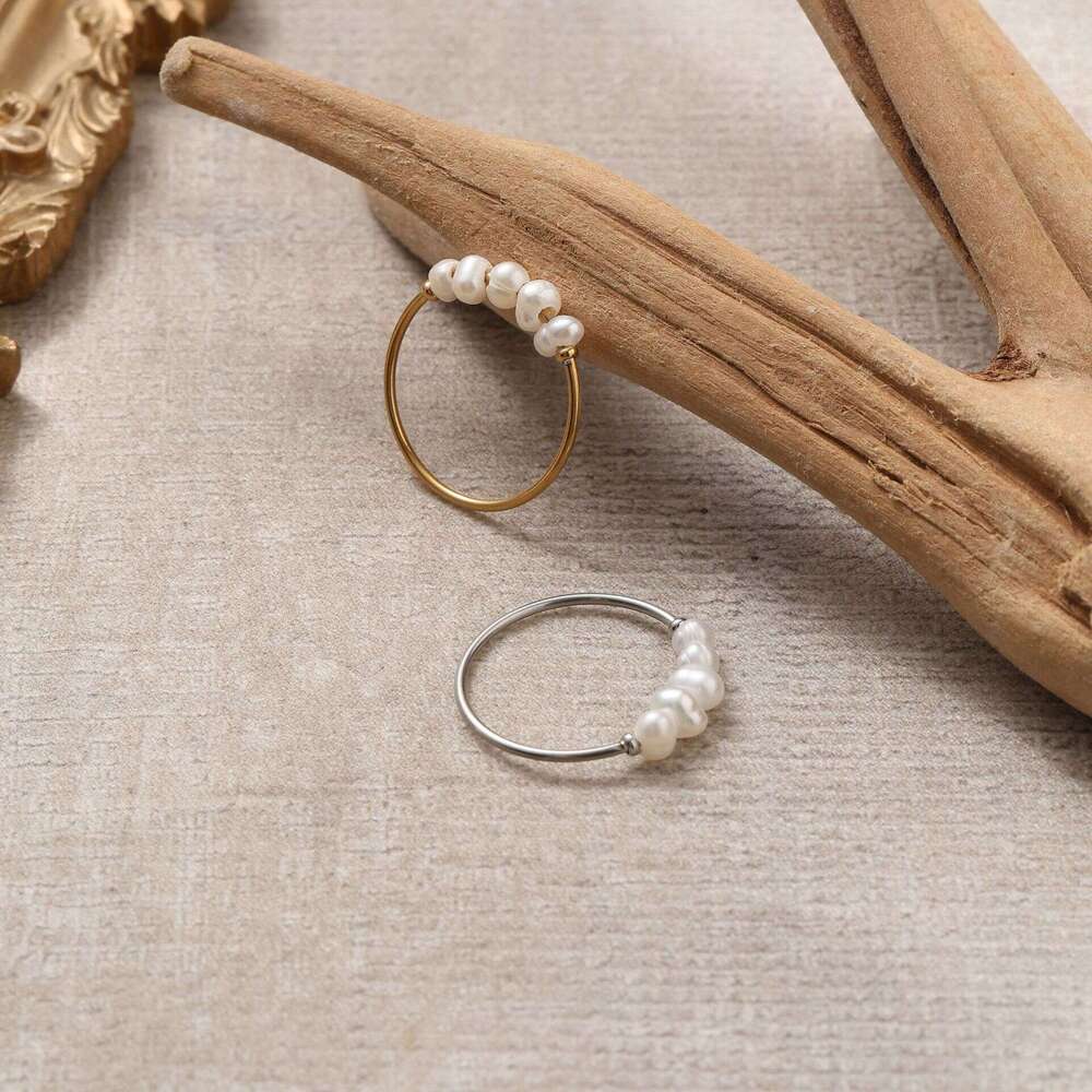 St.delan Elegant Natural Freshwater Pearl Thin Hoop Ring Gold Plated Two-tone Autumn Winter ddmypluto