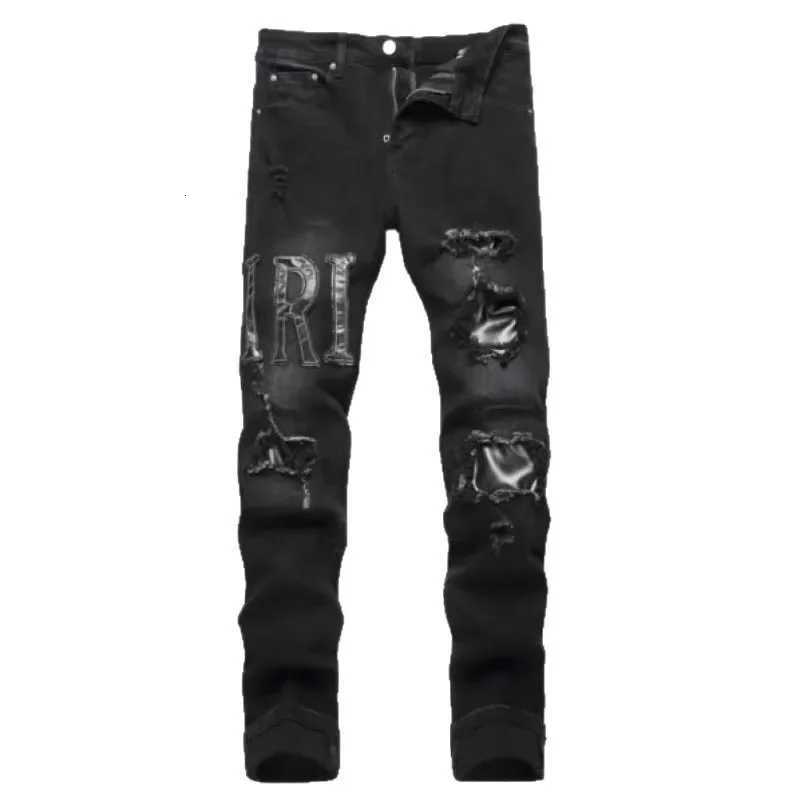Trendy Korean Style Embroidered Jeans Mens High Waist Slim Fit Stretchy Pants Small Footed Fashionable CrossBorder Casual Trou1 Y251105