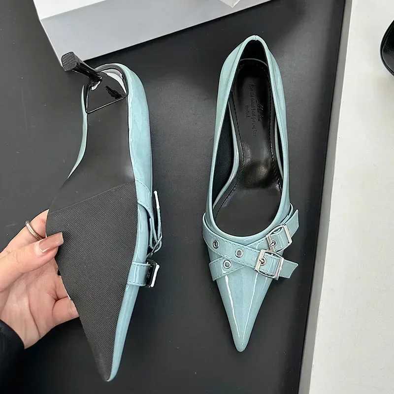Elegant Patent Leather Metal Belt Buckle Designer Women Pumps Sexy Pointed Toe Thin High Heels High Quality Mary Jane Mules Shoe Z251015