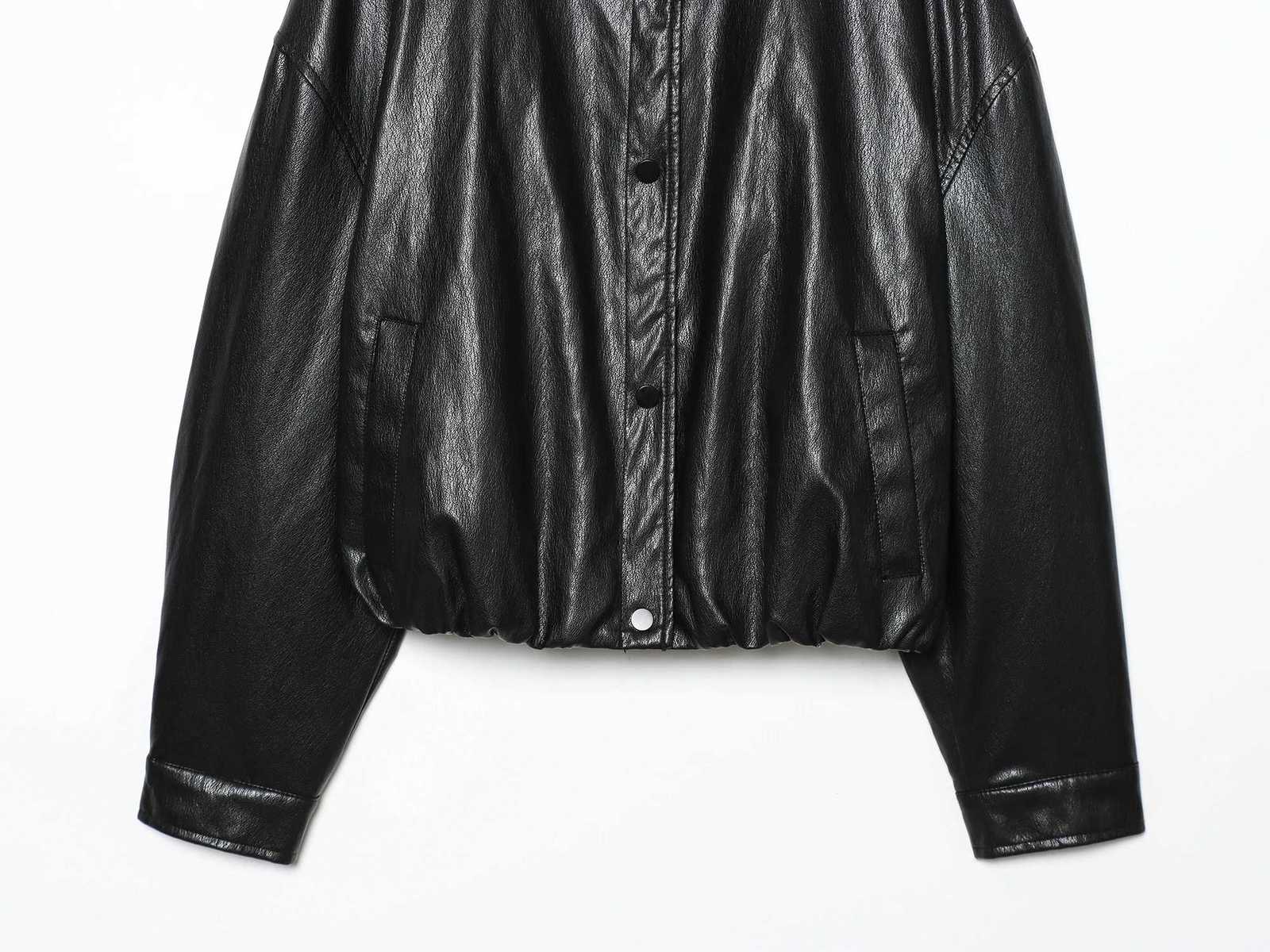 Womens clothing autumn new products versatile casual and fashionable loose turtleneck imitation leather bomber jacketT251017