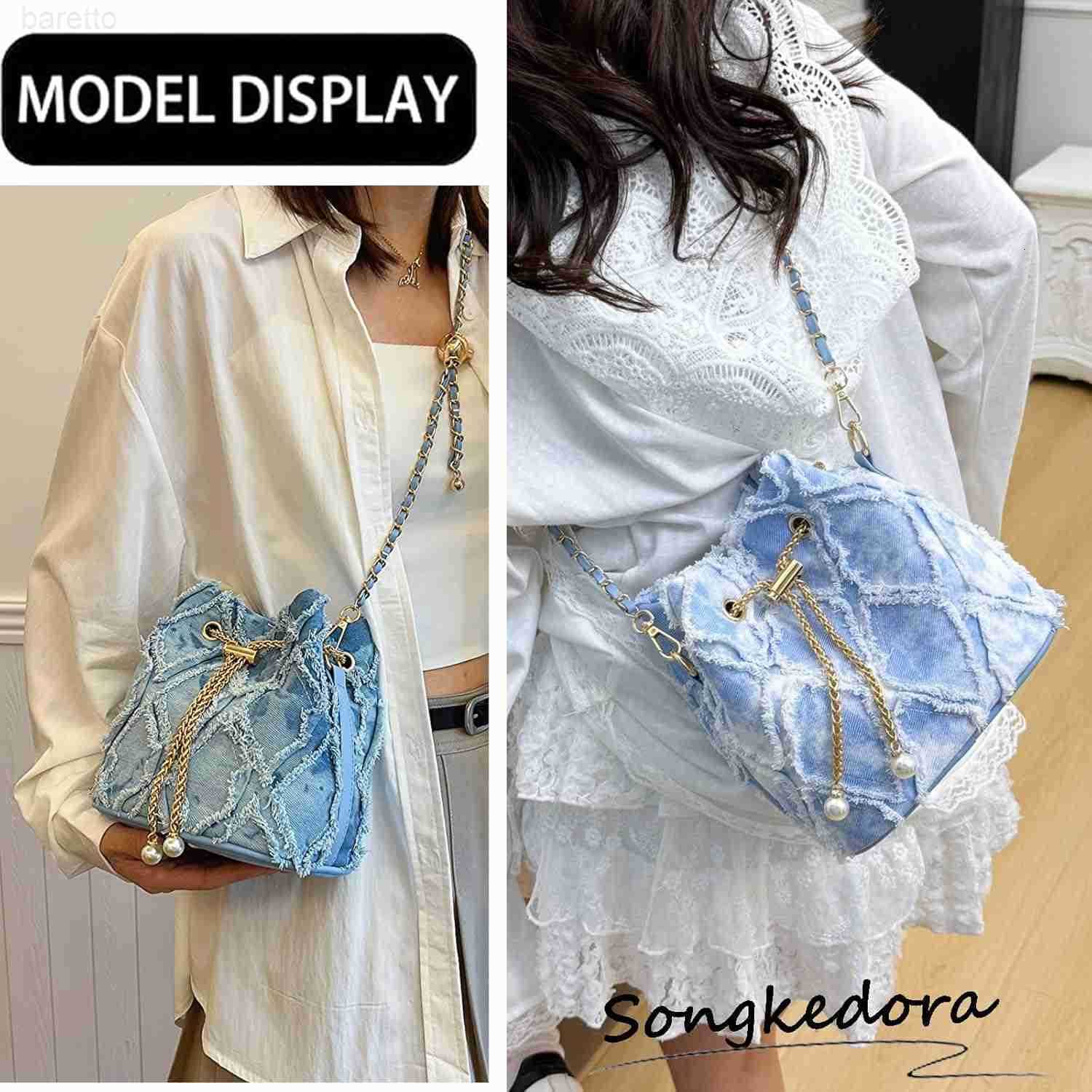 Denim Bucket Bag Quilted Drawstring Shoulder Handbag Jean Crossbody Purses Hobo Handbag with Chain Strap Z251017