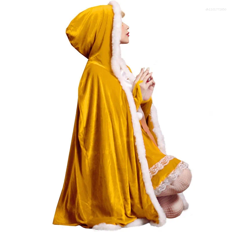 Ethnic Clothing Yellow & Red Velvet Battle Gown Festive Party Cloak With Fur Trim Christmas Performance Mantle