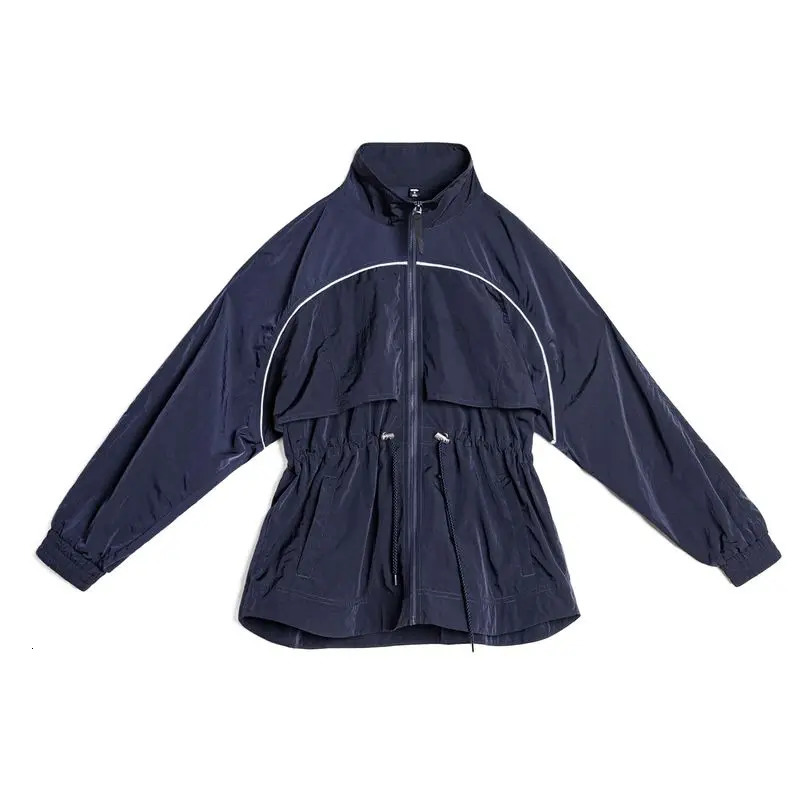 Maden Womens Lightweight Stand Collar Short Windbreaker Jacket Navy Blue Contrast Parka with Waist Cinching for Spring and Fall 251013