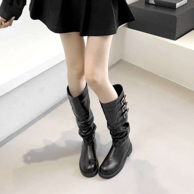 Cameido Women Fashion Pleated Stackable High - Heel With Belt Buckle Retro Knight Boots