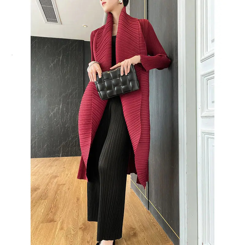 Pleated Coat Turn Down Collar Long Sleeve Midlength Trench Coat Oversized Windbreaker Cardigan Highend Chic Jackets 251013