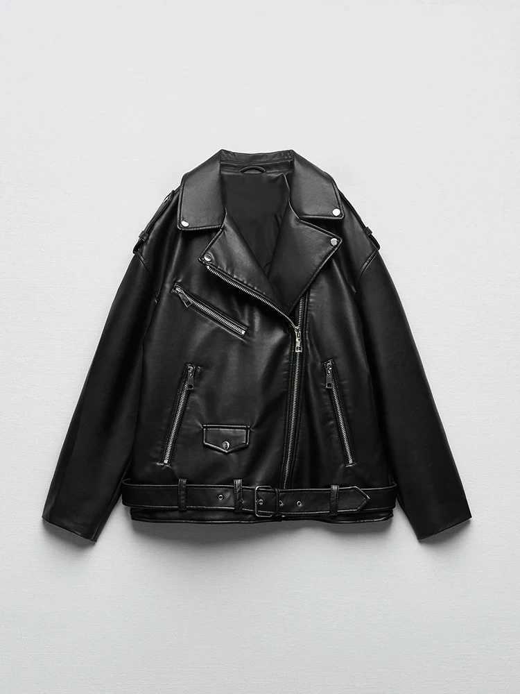 BBWM Pu Faux Leather Jacket with Belt Spring Autumn Female Zipper Coat Outwear Womens Loose Motorcycle Biker BlackT251017