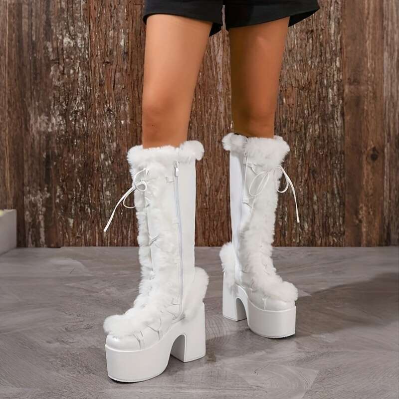Women's Warm Stylish Snow Knee Boots Faux Fur Fuzzy Round Toe Chunky Block High Heel Lace Up Thick Bottom Platform Wedges Fashionable Comfortable