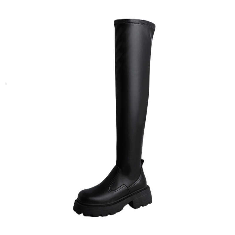 Heave-Soled Elastic Over-The-Knee Fall And Winter Square-Toed Thigh-High Boots For Women