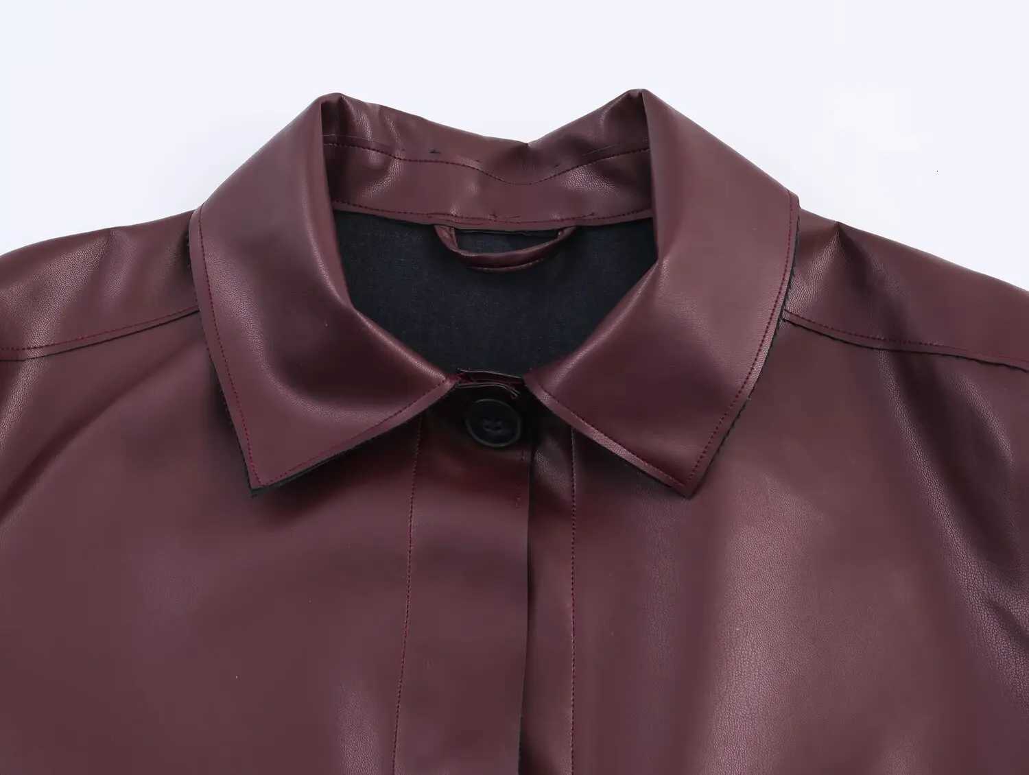 Front Flap Patch Pockets Short Faux Leather Jacket For Women Long Sleeve Lapel Collar Autumn Motorcycle CoatT251017