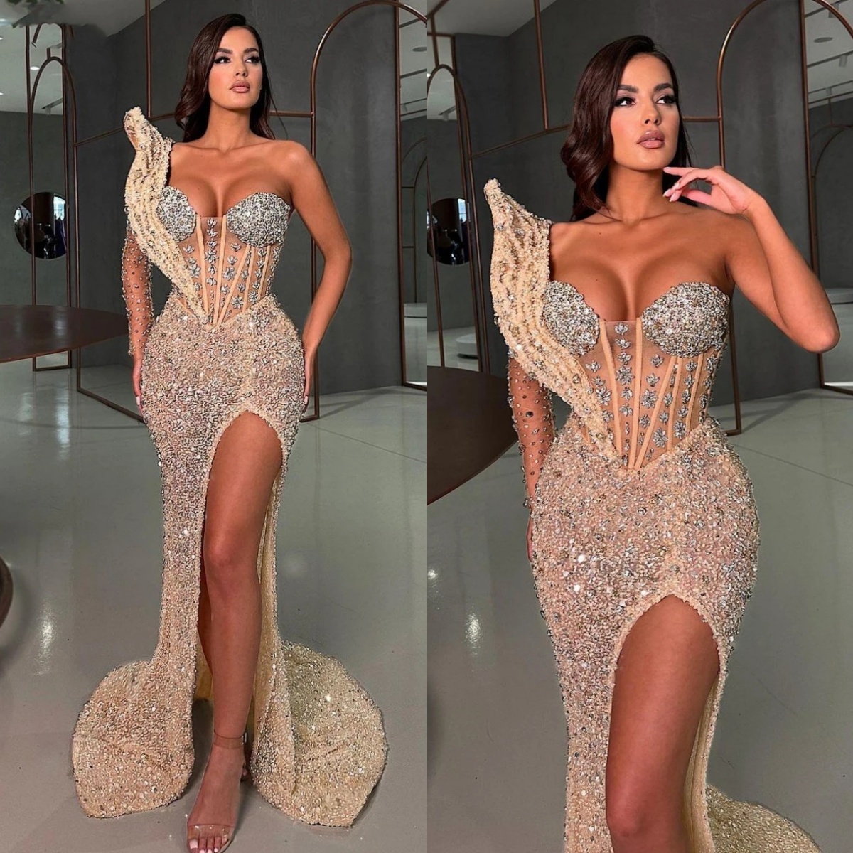 Sparkly One Shoulder Prom Dresses Elegant Sequined Crystal Evening Dress High Side Split Celebrity Party Gown Customized