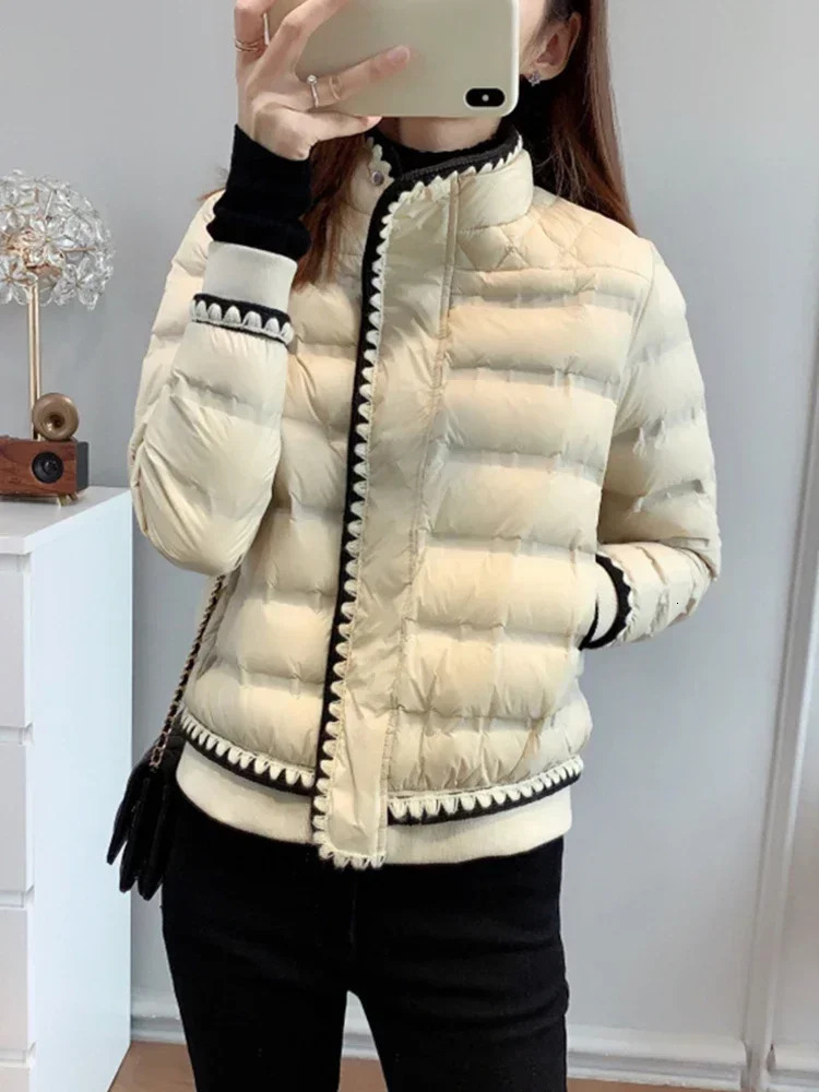 Down Jacket Winter Women 90 White Duck Down Coat Stand Collar Zipper Lace Solid Jacket Thick Warm Snow Parka Outwear European 251014