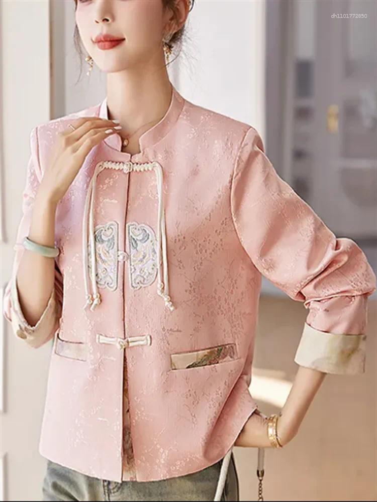 Women's Jackets Chinese Style Coats Women Outwear Plate Buckle Coat Embroidery Jacket Stand Up Neck Top Short For Thin Retro