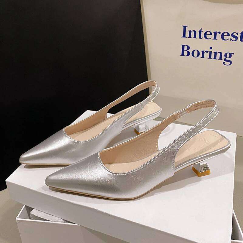 Fashion Female New Women's Pumps Solid Color Simple Mid Heel Sexy Pointed Toe Slingback Elegant Dress Shoes