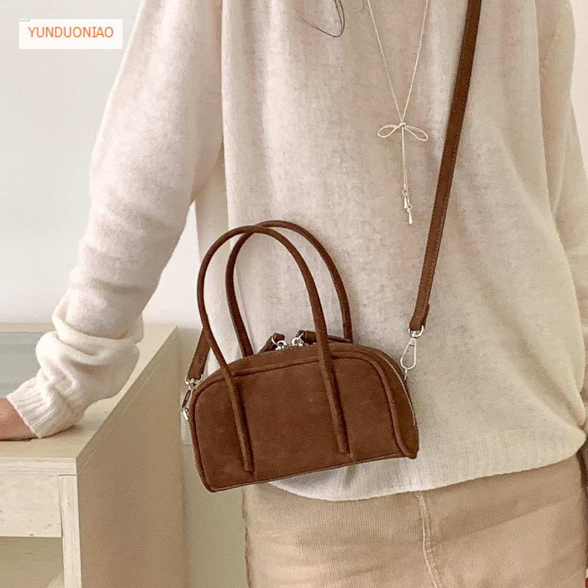 Autumn and winter suede Boston bag fashionable retro style luxury handbag new designer bag women's shoulder crossbody bag