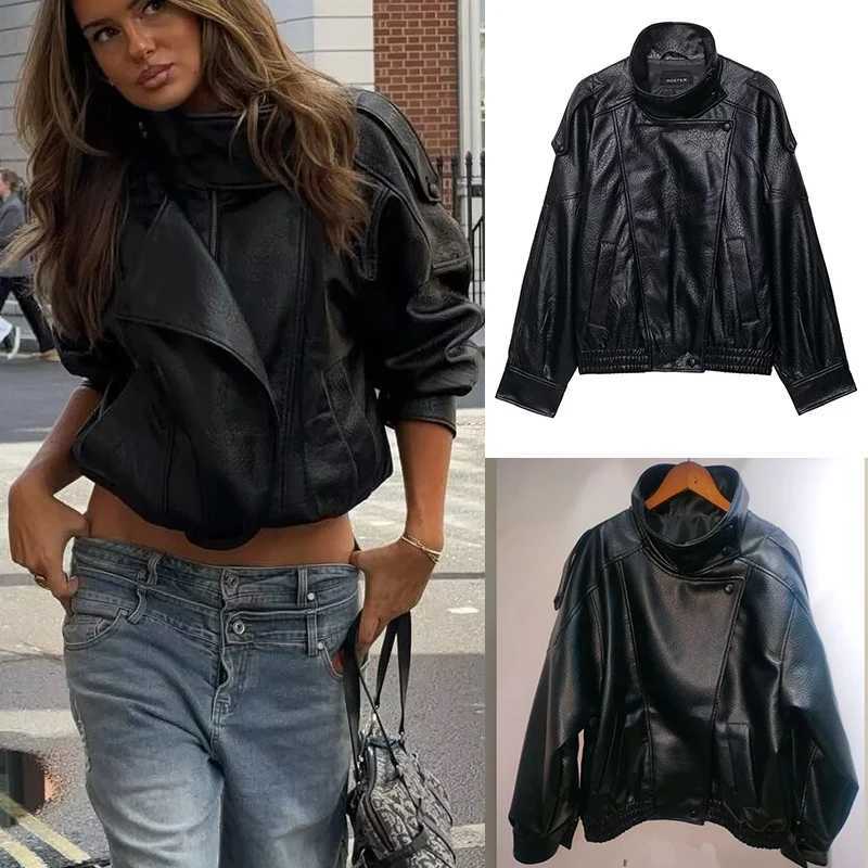 Womens Faux Leather Jacket 2025 New Fashion Autumn Black Long Sleeve Pebble Jacket Motorcycle Style Personality Ladies JacketT251017