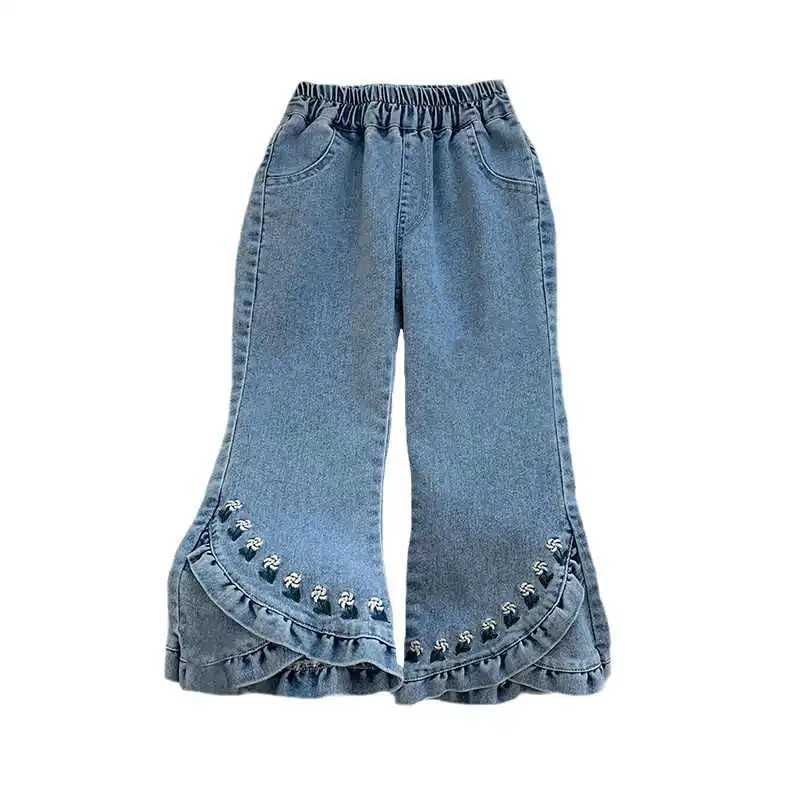 New Girls Denim Bellbottom Pants Korean Childrens Sweet Floral Embroidered Jeans Casual High Waist Slim Denim TrousersT251017