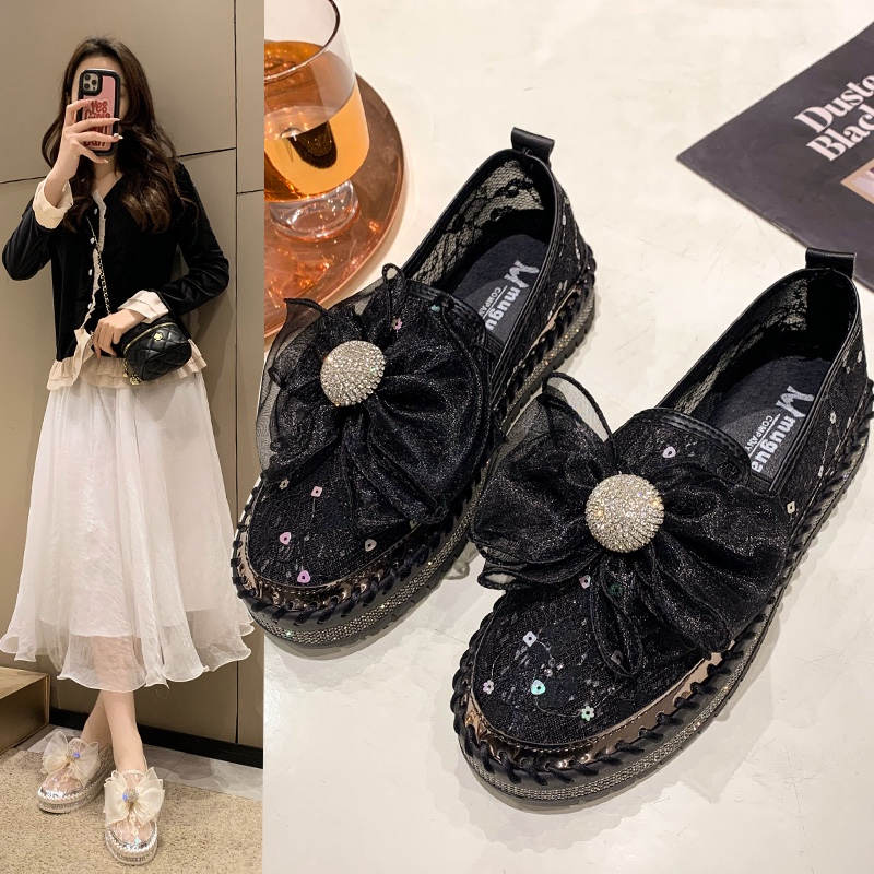 Women's Casual Shoes Platform Sole Rhinestone Upper Shallow Mouth Women's Loafers Leisure One Kick Fashion Diamonds Butterfly Knot Flats Sho