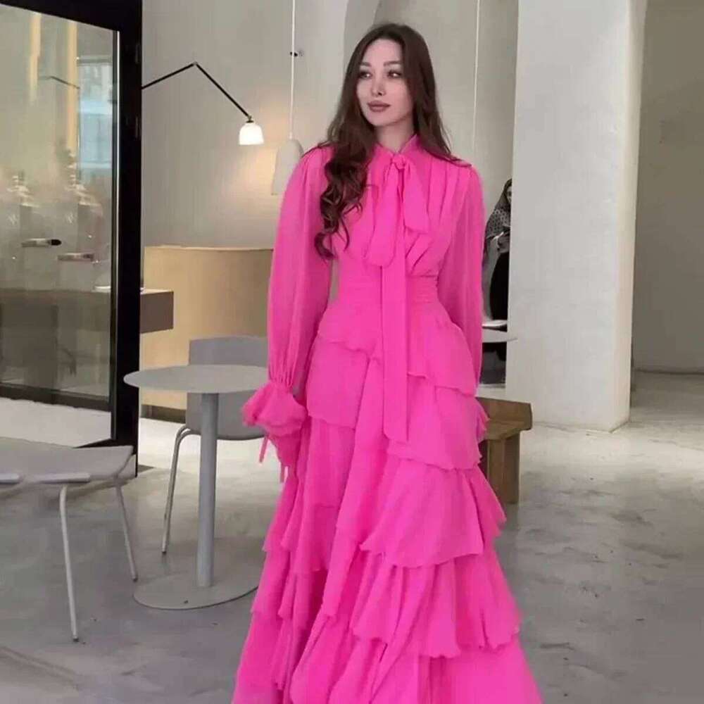 Autumn New Ruffle Leaf Splicing Wind Chiffon Semi-turtleneck for Women Evening Dress Formal Party Gown