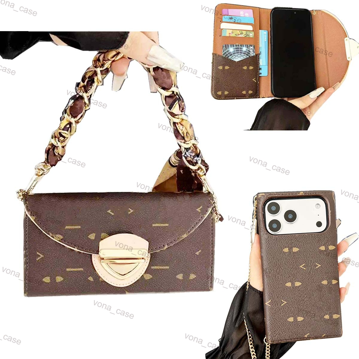 Designer iPhone Case with Chain or Crossbody Rope for iPhone 17 Pro Max 17 Air 16 Pro 15 Plus 14 13 12 Luxury Phone Case Good Grip Shockproof Leather Phone Wallet Cover