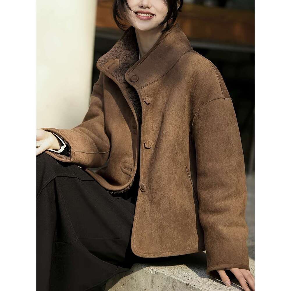 Shein Men's Jackets New Reversible Faux Fashionable Short Warm Versatile Stand Collar, High-Quality Coat, Fleece Cardigan, Fur Jacket, Women'