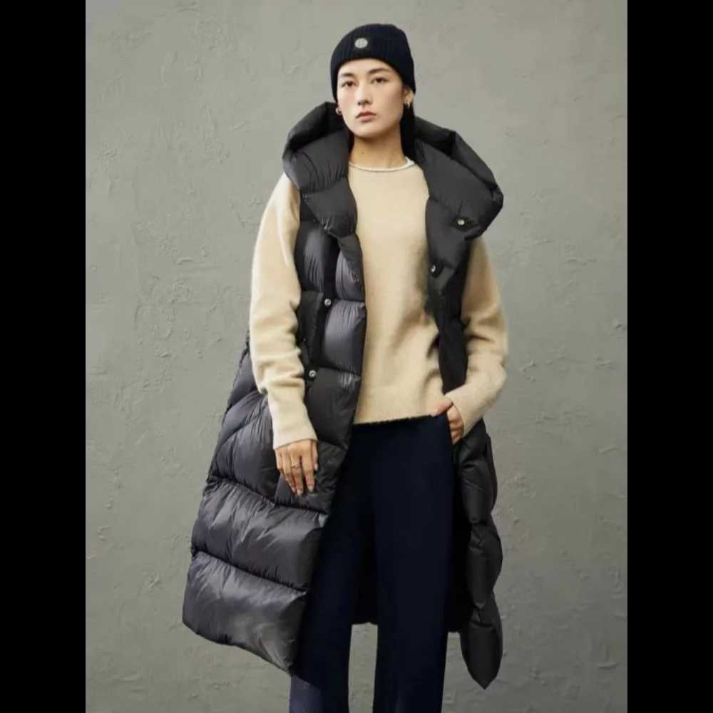 Womens Monochromatic Hooded Long Down Jacket Vest SingleBreasted Sleeveless Outerwear Ultralight Medium Length Models W251016
