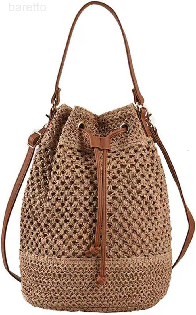 Women Straw Drawstring Bucket Purse Small Tote Shoulder Handbag Hollow Out Crossbody Bag for SummerBeach Z251017