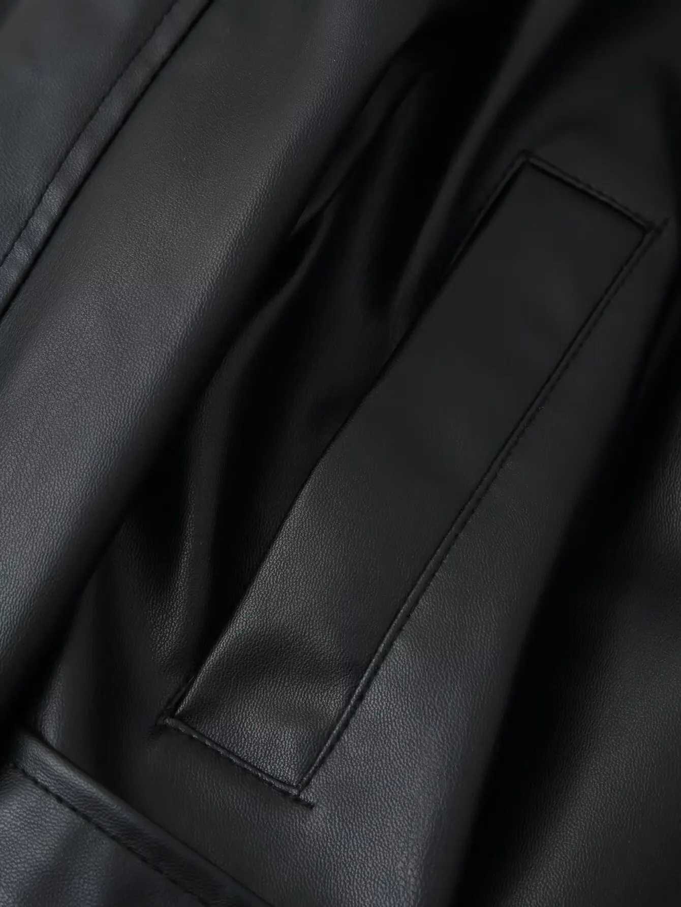 Woman Autumn Faux leather Jacket Solid TurnDown Collar Long Sleeves Pocket Belt SingleBreasted Female Streetweer CoatsT251017