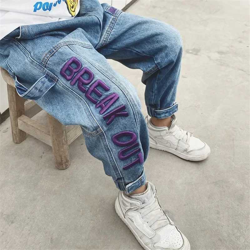 4 5 6 7 8 9 10 11 12 Years Childrens Clothing Hip hop Boys jeans Cowboy Kids Boys Jeans Blue Letter Embroidery Warm Denim pantsT251017