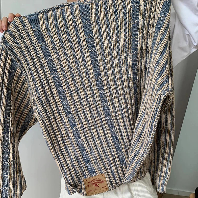 Fashionable Striped Knitting Sweaters Men Autumn Streetwear Y2K Loose O Neck Long Sleeve Knit Tshirts Mens Vintage Sweater Tops 251017