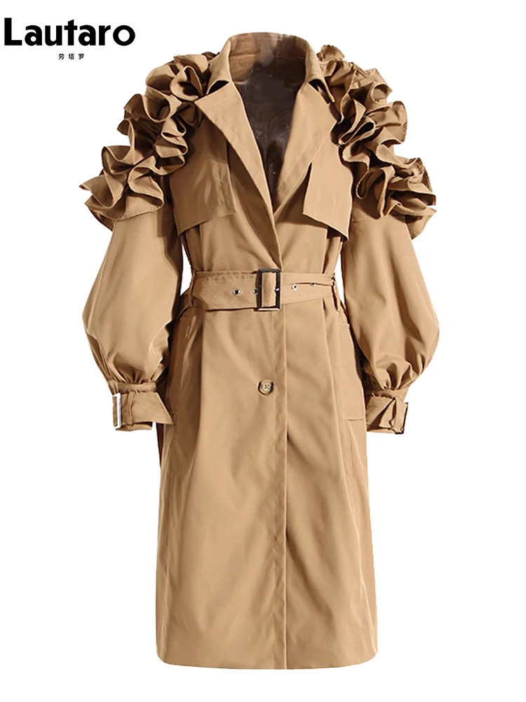 Lautaro Spring Autumn Long Black Khaki Trench Coat for Women Belt Elegant Chic Stylish Clothes Runway Fashion 251013