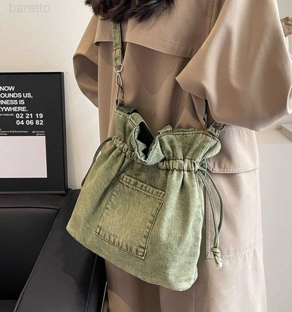 Denim Canvas Tote Bag Women Drawstring Bucket Crossbody Shoulder Purse Lightweight Handbag Trendy Commute Travel Bag Z251017