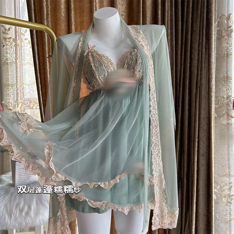 Alluring Seamless Mesh & Velvet Two-Piece Robe Outfit Featuring Butterfly Knot Design