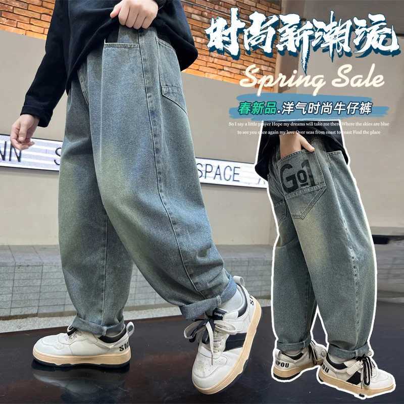 2025 Spring Autumn Boy Retro Blue Jeans For School Kids Casual Loose Straight Denim Pants Child Fashion Street Jeans TrousersT251017