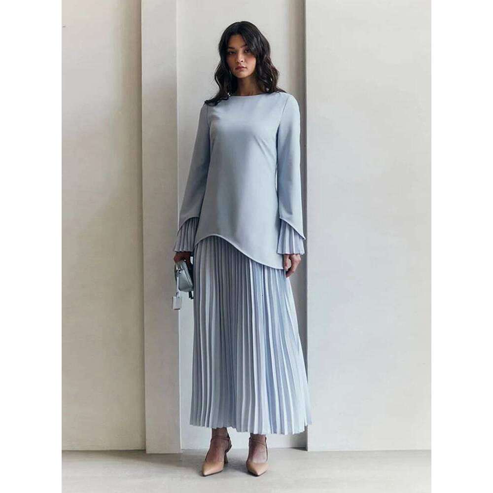 2025 Women Fashion O-neck Patchwork Long Dress Elegant Solid Flare sleeve Pleated High Waist Slim Dresses Lady Summer Chic Robes