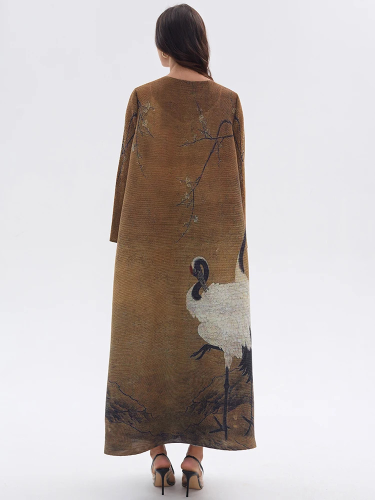Miyake Pleated Vintage Swan Printed Long Sleeve Coat Women Autumn Winter Original Abaya Cardigan Plus Size Windbreak 251013