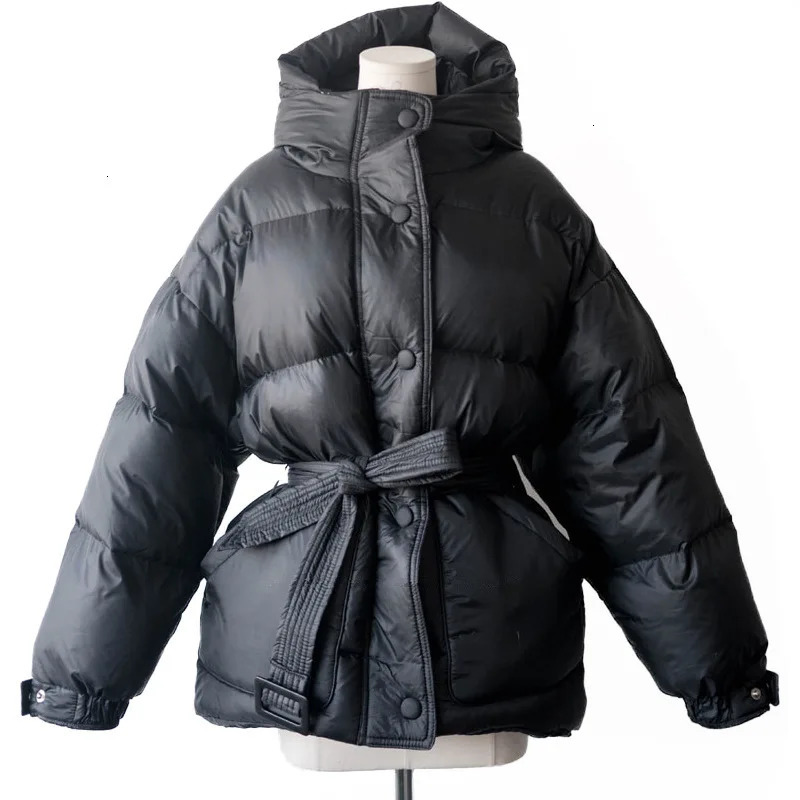 Black Womens Fashion Down Parka Winter Jacket Simple Cuff Windproof Warm Female High Quality Coats With Belt YRF75 251014