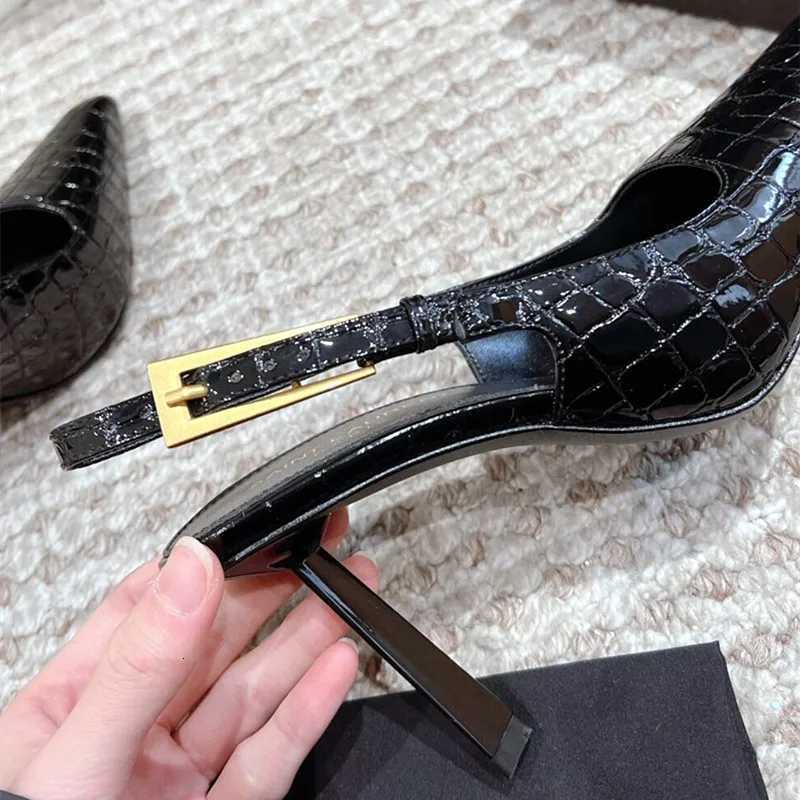Patent Leather Pattern Thin High Heels Women Sexy Pointed Toe Metal Buckles Slingback Heeled Sandals Elegant Banquet Dress Shoes Z251015