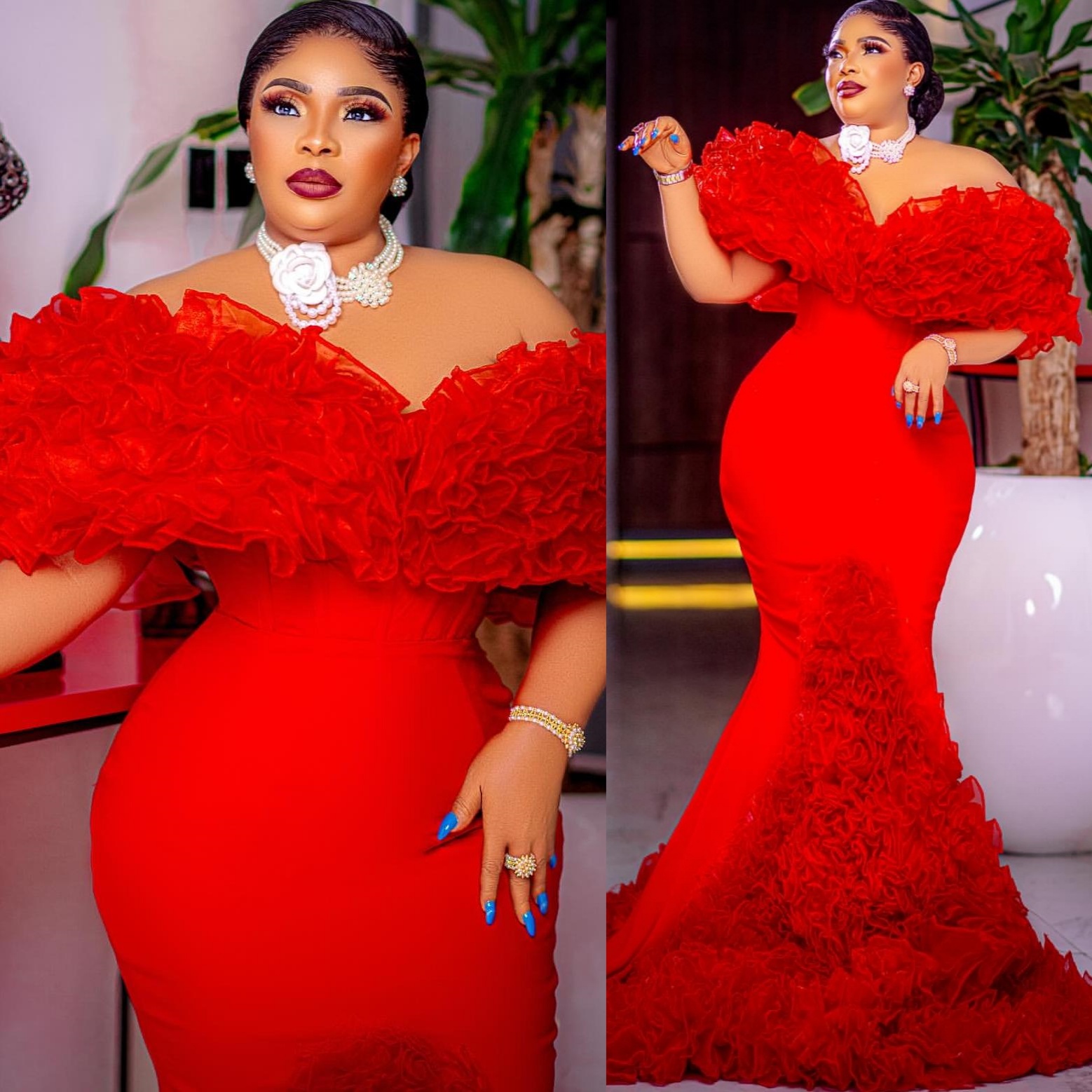 Red Mermaid Plus Size Prom Dresses 2025 Off Shoulder Tiers Satin Evening Formal Party Second Birthday Engagement Gowns Dress For Special Occasions