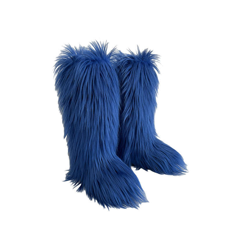 Women's Slip-On Furry Fluffy Faux Fur Knee-High Winter Boots With Plush Collar Low Block Heel Warm Round Toe Snow Boots, Soft PU Cover & Non-Slip