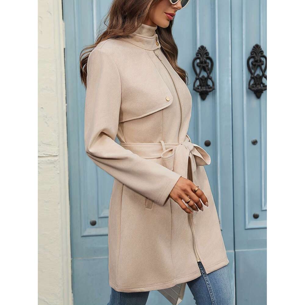 Women's Elegant Beige - Middle Eastern-Inspired Round Neck Trench Coat With Front Zipper Bow Detail, Hine Washable Spring/Fall Outerwear For Casu