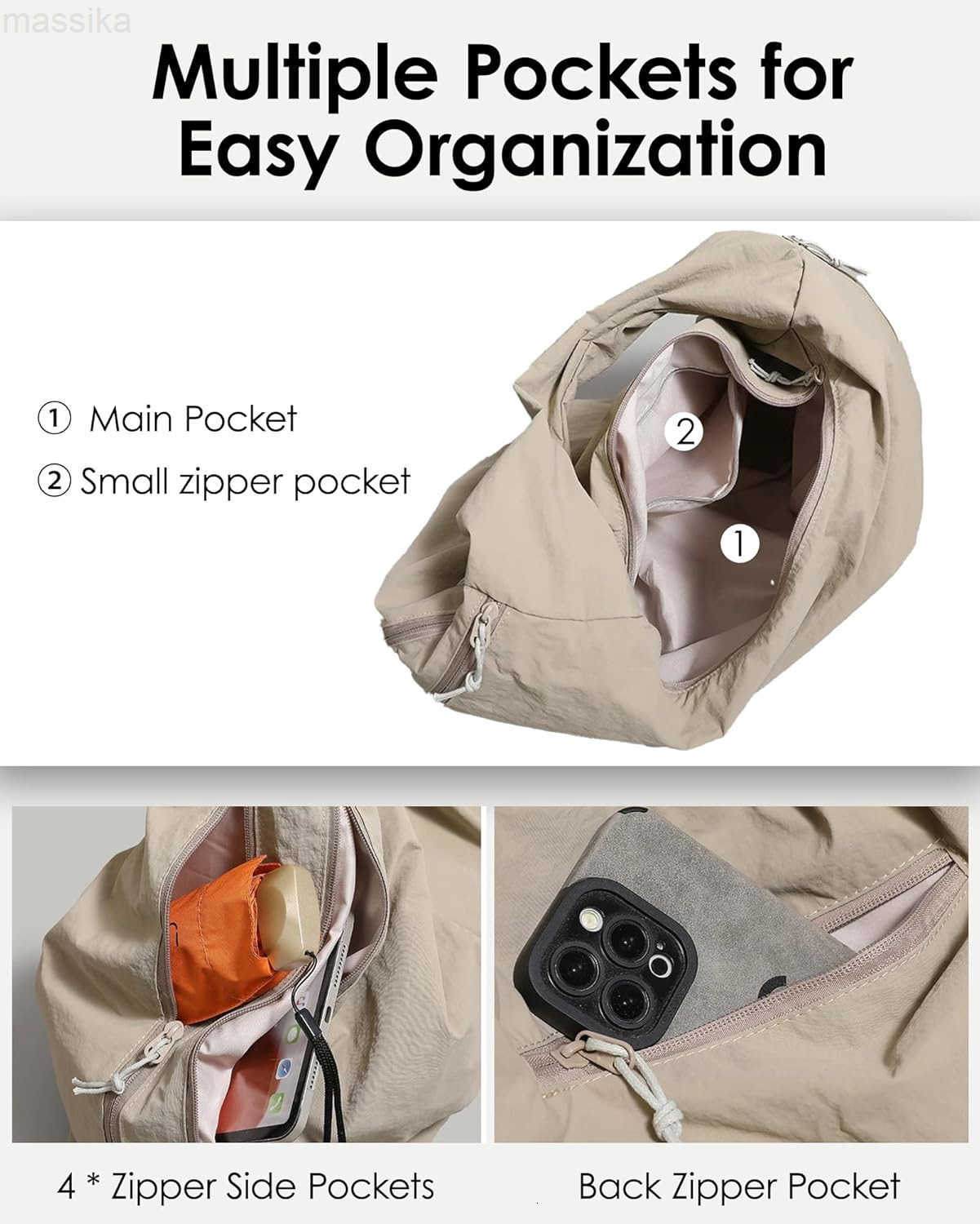 Tote Bag Slouchy Hobo Bag for Women Nylon Handbag Solid Color Draped Shoulder Bag Large Underarm Purse M251017