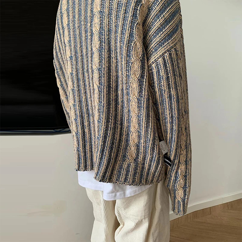 Fashionable Striped Knitting Sweaters Men Autumn Streetwear Y2K Loose O Neck Long Sleeve Knit Tshirts Mens Vintage Sweater Tops 251017
