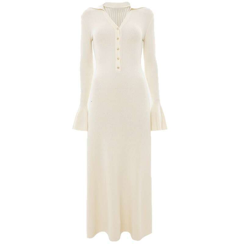 Flared Sleeve Turn-Down Collar Knitted Sweater For Women, Elegant Autumn And Winter Long Dress B5