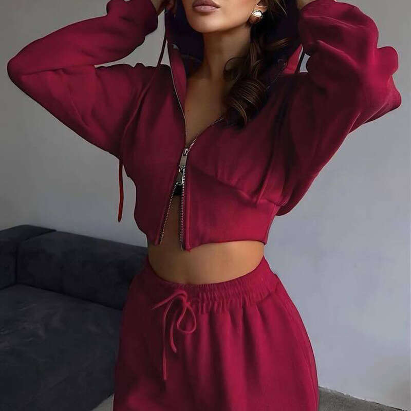 Autumn New Casual Women's Long Sleeve Zipper Hooded Sweatshirt Solid Color Drawstring Pants Two-Piece Set B5