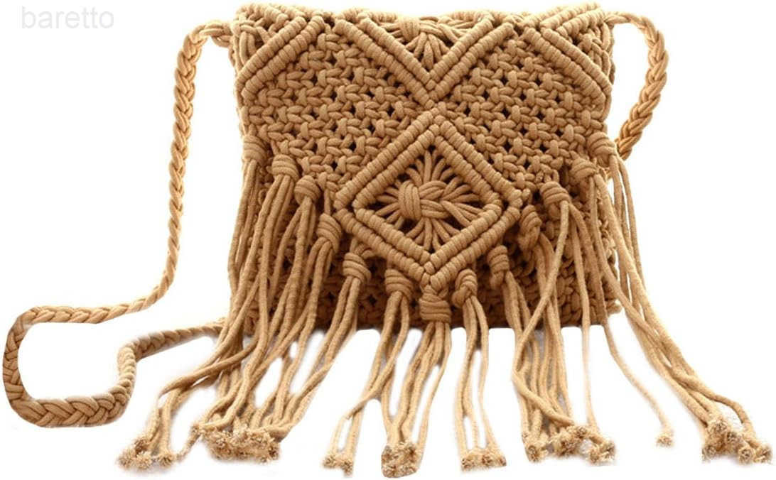 Handwoven Cotton Straw Shoulder Bag Crochet Tassel Beach Bohemian Purse for Women Z251016