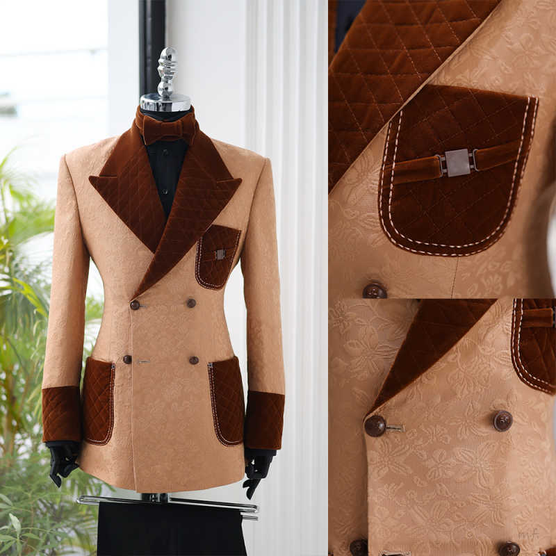 Stylish Men's Jacquard Suits Double Breasted Peaked Lapel Pant Sets Formal Tuxedos For Wedding Party Customized 2 Piece