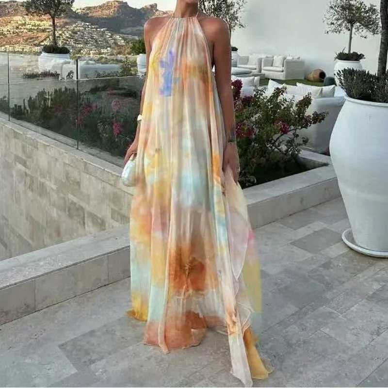 Sexy Sleeveless Backless LaceUp Long Dress Women Elegant Halter Hollow Holiday Dress Fashion Pattern Print Loose Party Dresses W251016