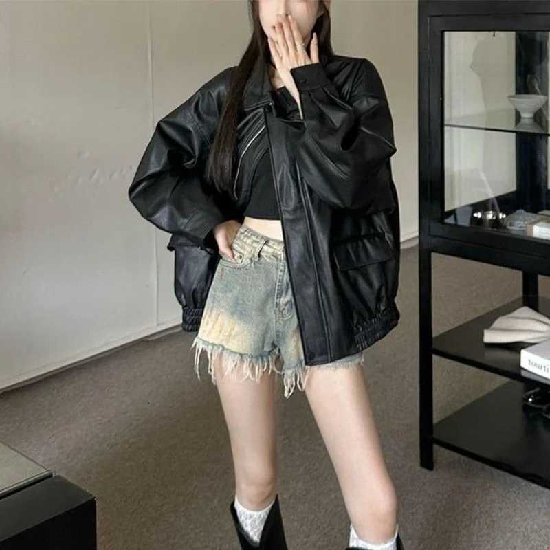 New American Retro Faux Leather Jacket Women Autumn Y2K Long Sleeve Pu Jackets Woman Stylish Loose Zipper Moto Biker Coats MujerT251017