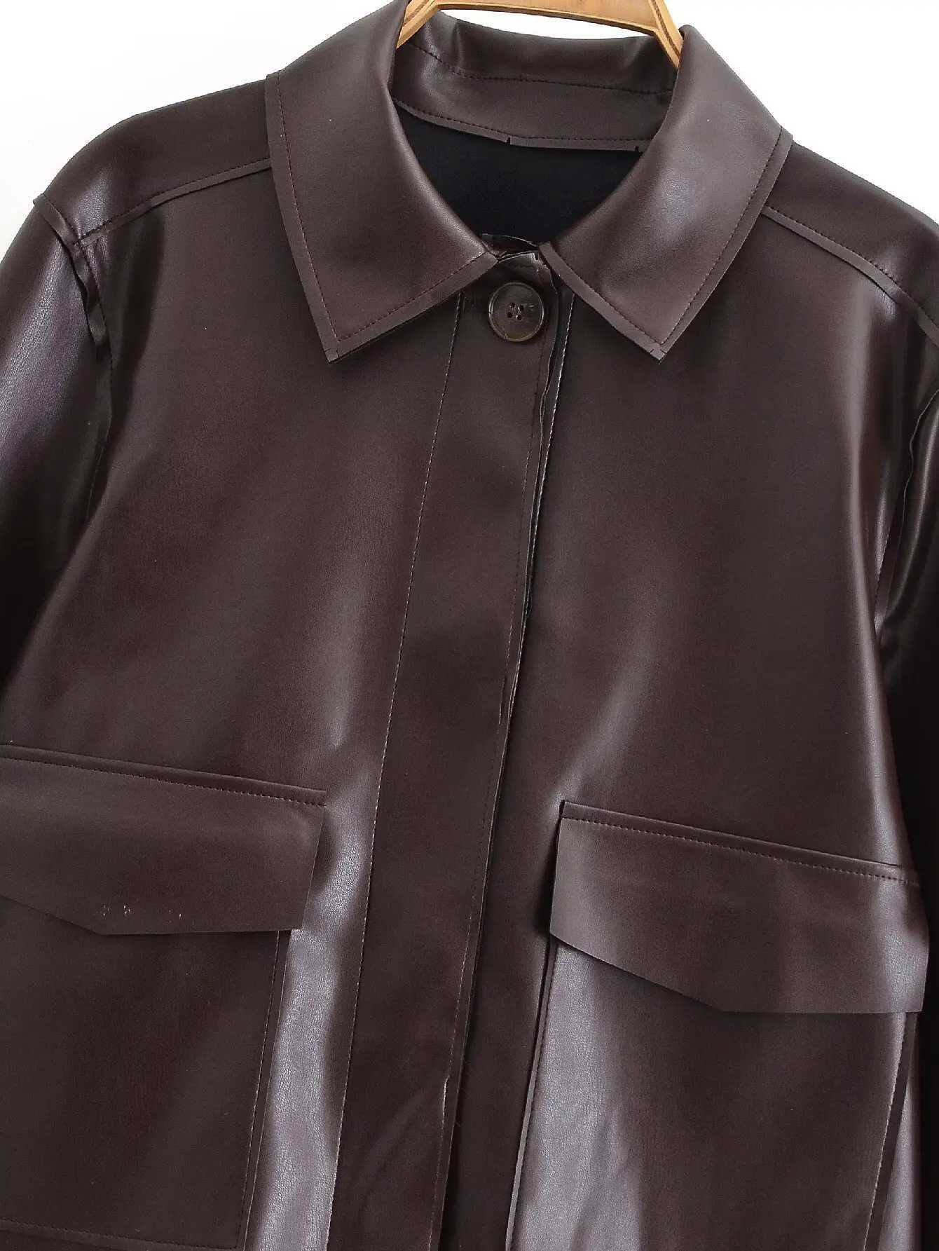 Womens new fashion suit collar design short imitation leather jacket Coat retro long sleeved Buttonup womens Coat chic topT251017