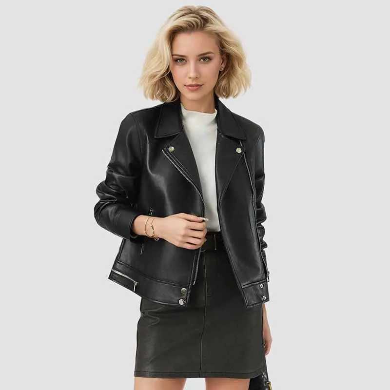 2025 Autumn New Womens Black Leather Jacket Vintage Zipper Turndown Collar Motorcycle Short Jackets Chic Pu Faux Leather CoatT251017